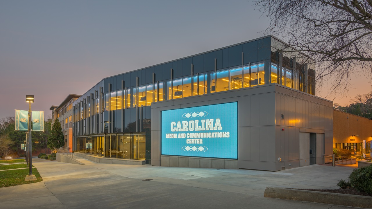 Carolina Media And Comm Center Exterior At Dusk 9x16